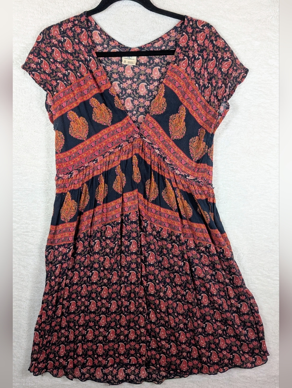 93-O'Neill Navy Tunic with Coral & Orange‎ Paisley Print